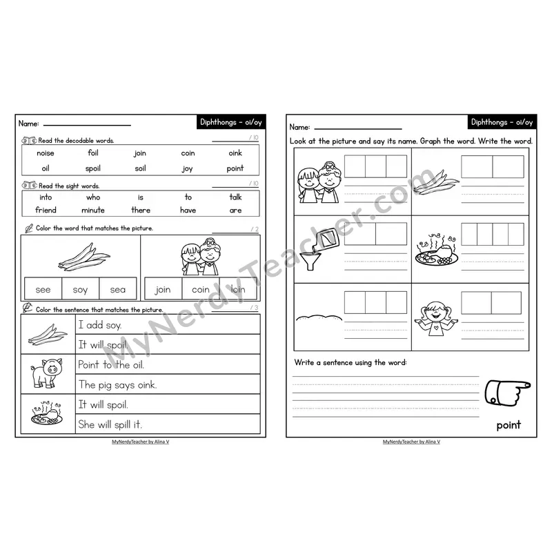 Decodable Look-Alike Words and Sentences Worksheet — Mixed oi/oy Diphthong