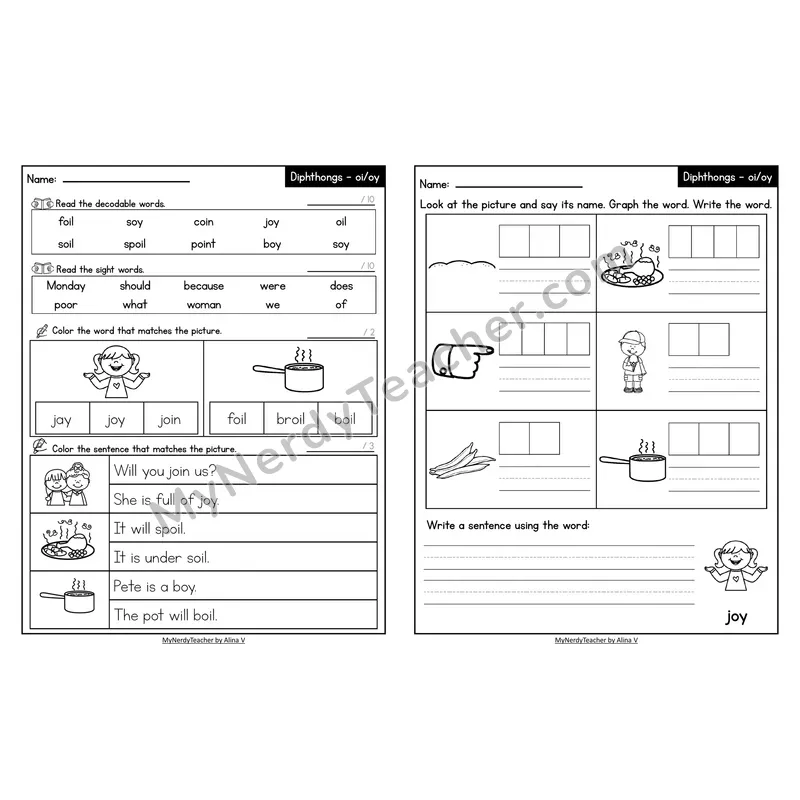 Decodable Look-Alike Words and Sentences Worksheet — Mixed oi/oy Diphthong