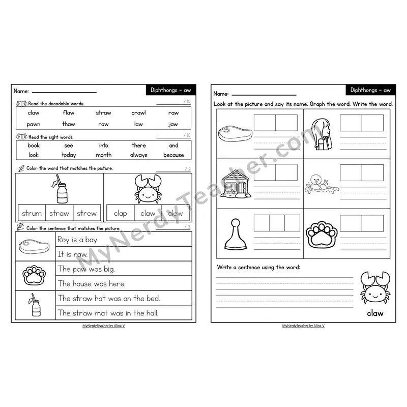 Decodable Look-Alike Words and Sentences Worksheet — aw Vowel Pair