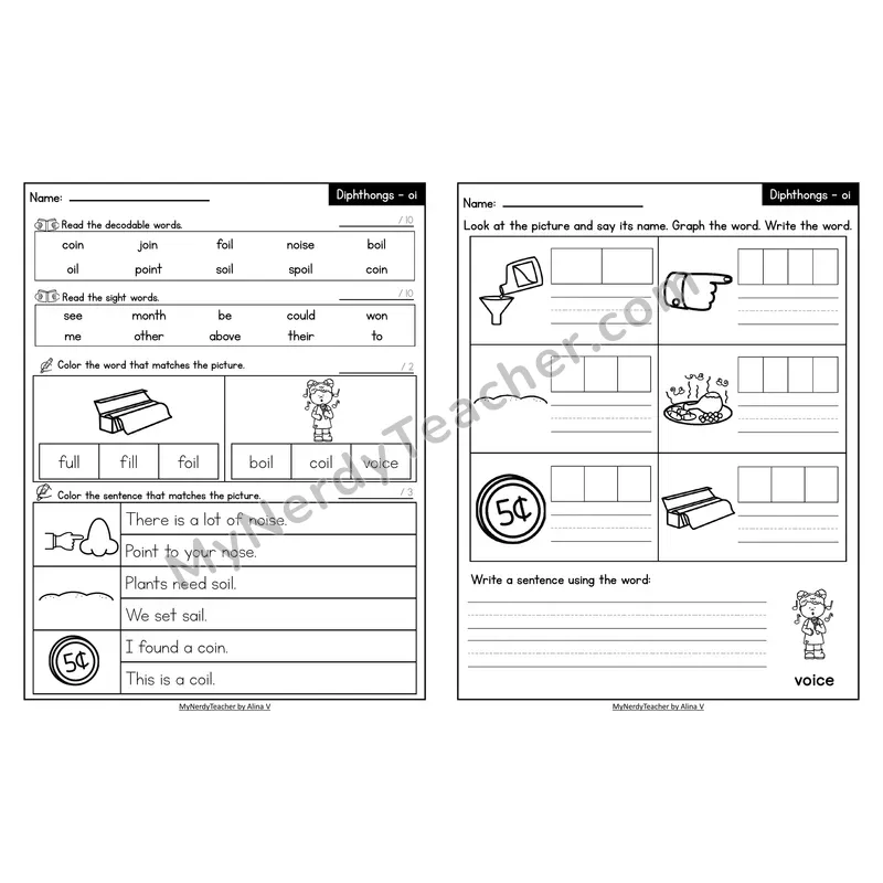 Decodable Look-Alike Words and Sentences Worksheet — oi Diphthong