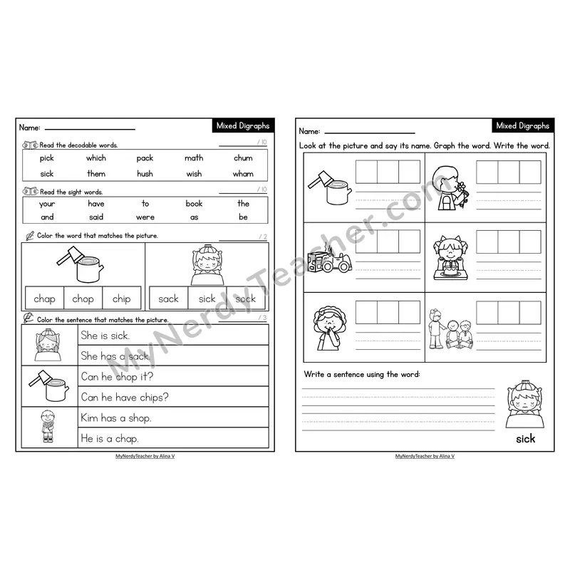 Decodable Look-Alike Words and Sentences Worksheet — Mixed Digraphs Review