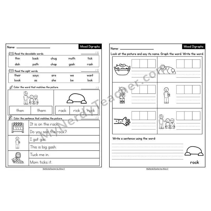 Decodable Look-Alike Words and Sentences Worksheet — Mixed Digraphs Review