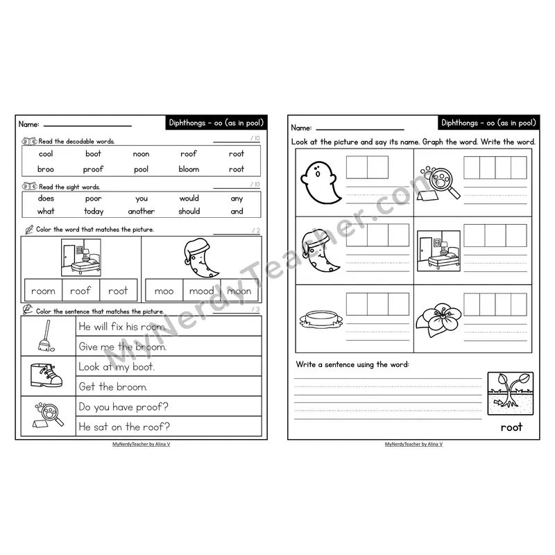 Decodable Look-Alike Words and Sentences Worksheet — oo /oo/ as in pool