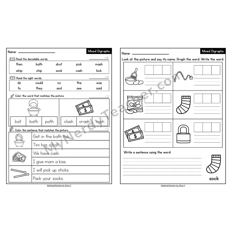 Decodable Look-Alike Words and Sentences Worksheet — Mixed Digraphs Review