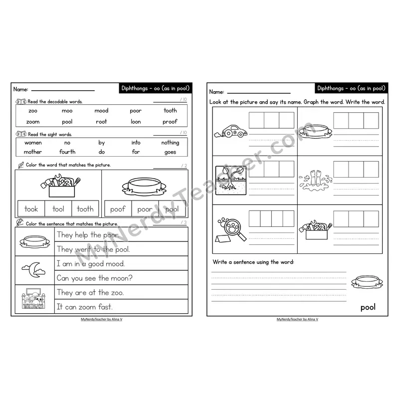 Decodable Look-Alike Words and Sentences Worksheet — oo /oo/ as in pool