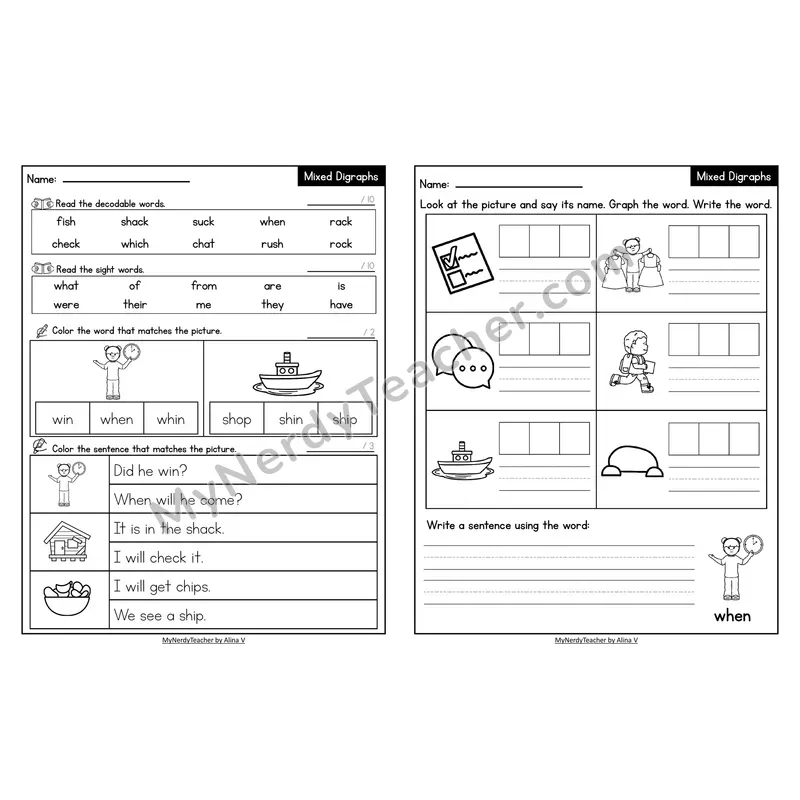 Decodable Look-Alike Words and Sentences Worksheet — Mixed Digraphs Review
