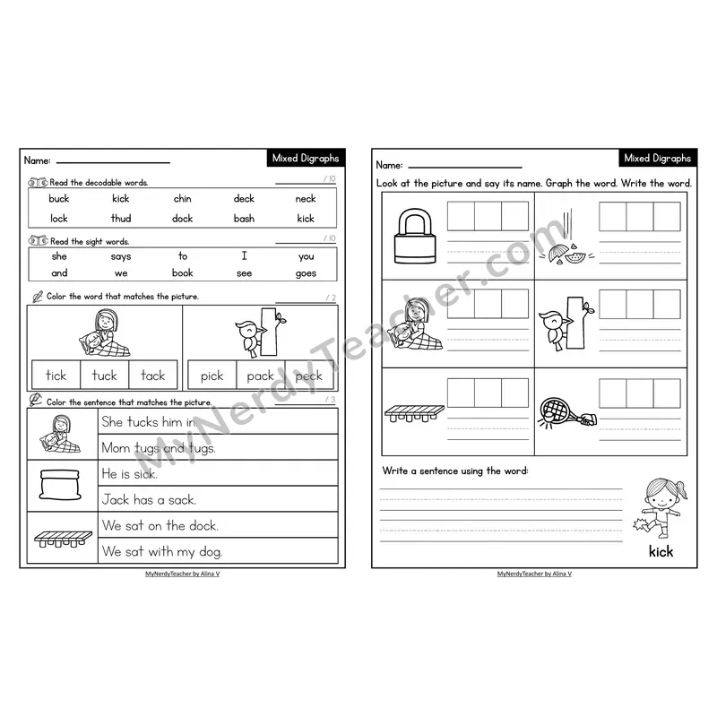 Decodable Look-Alike Words and Sentences Worksheet — Mixed Digraphs Review