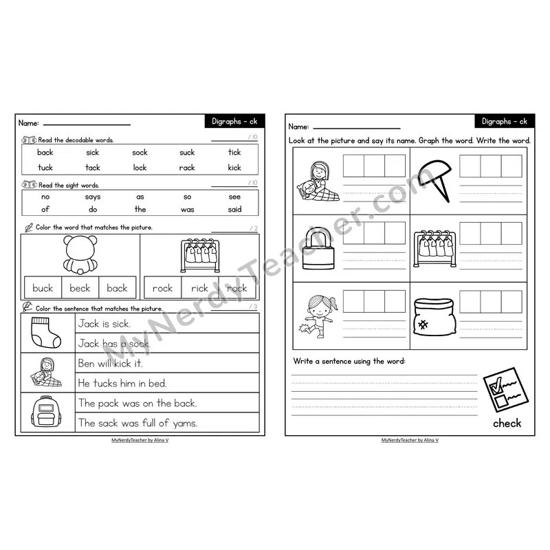 Decodable Look-Alike Words and Sentences Worksheet — ck Digraph