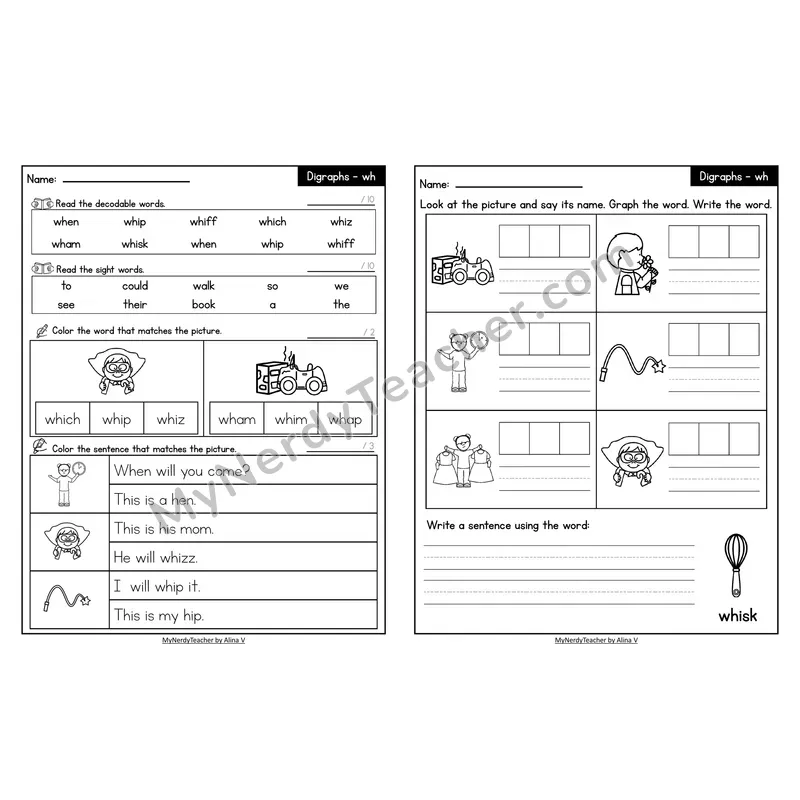 Decodable Look-Alike Words and Sentences Worksheet — wh Digraph