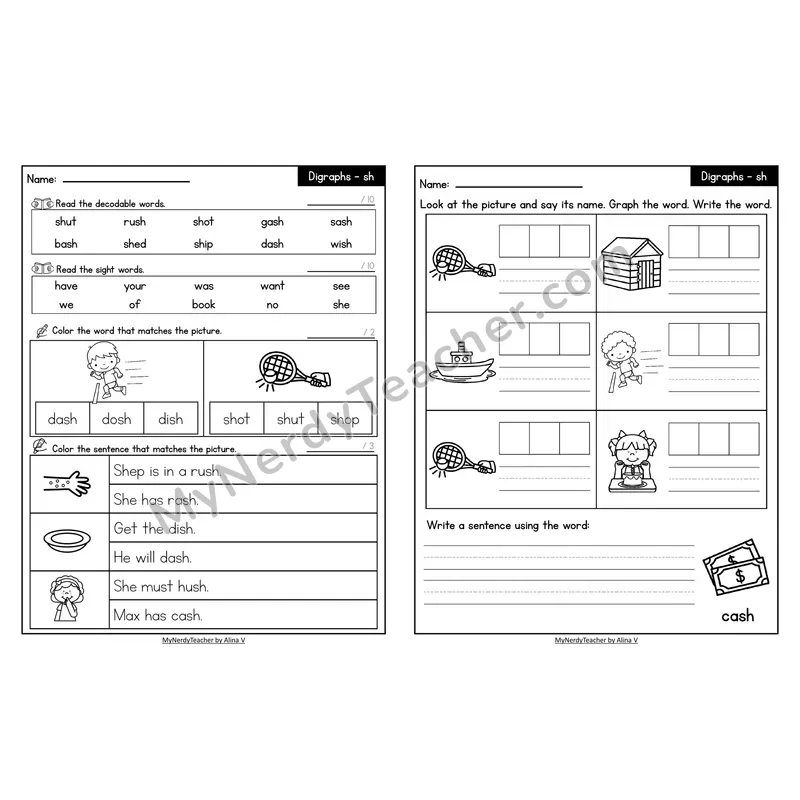 Decodable Look-Alike Words and Sentences Worksheet — sh Digraph