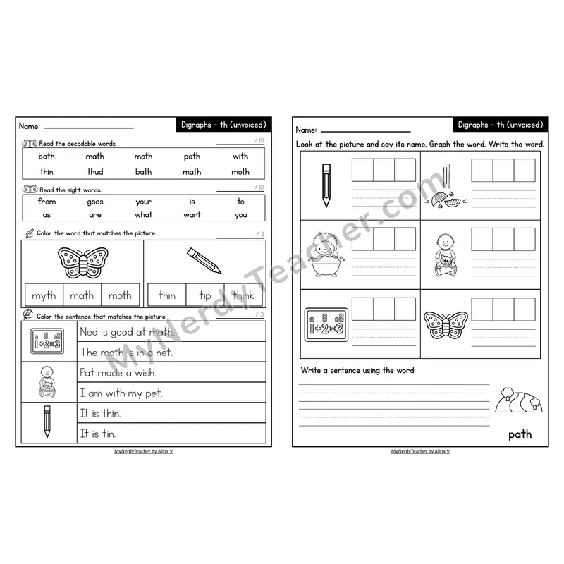 Decodable Look-Alike Words and Sentences Worksheet — Unvoiced th Digraph