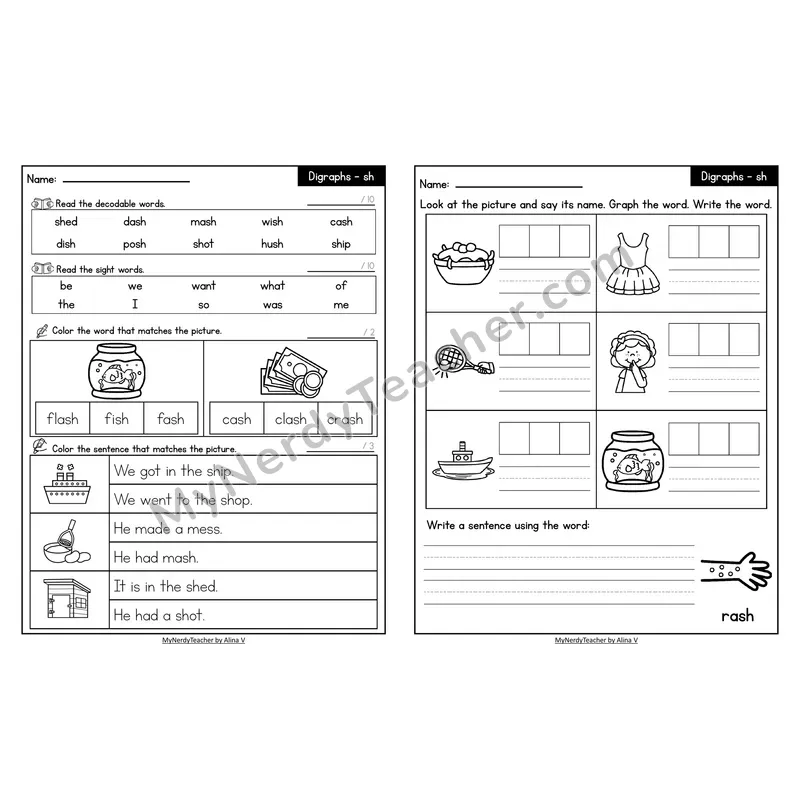 Decodable Look-Alike Words and Sentences Worksheet — sh Digraph