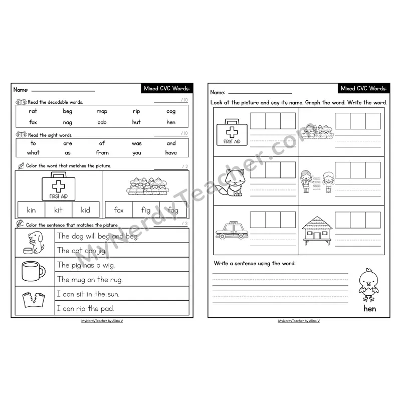 Decodable Look-Alike Words and Sentences Worksheet — Mixed Short Vowel CVC Review
