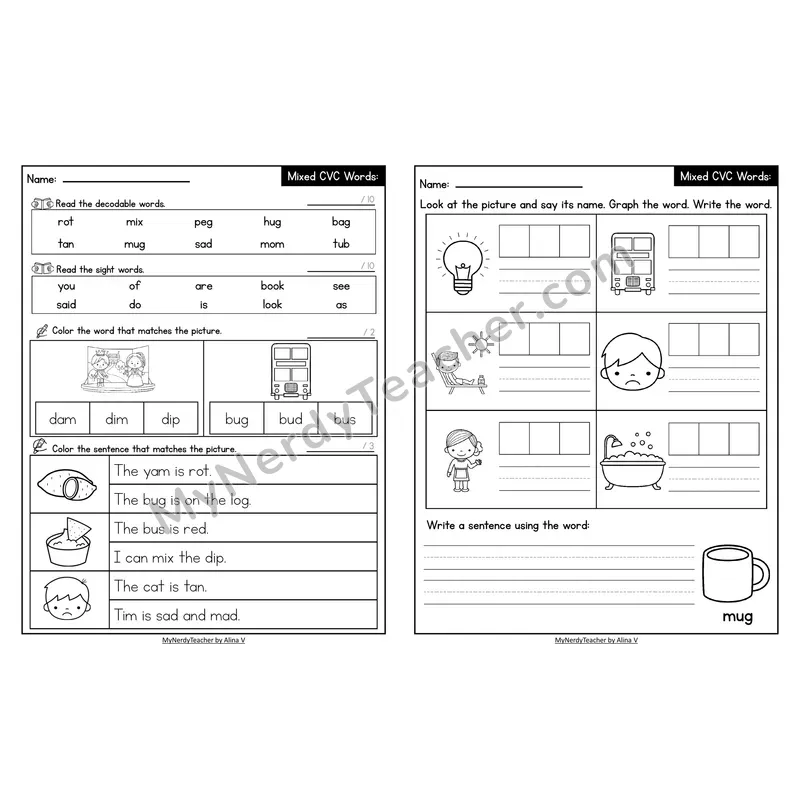 Decodable Look-Alike Words and Sentences Worksheet — Mixed Short Vowel CVC Review