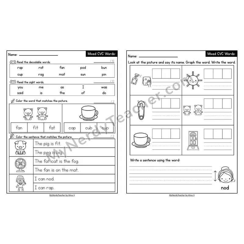 Decodable Look-Alike Words and Sentences Worksheet — Mixed Short Vowel CVC Review