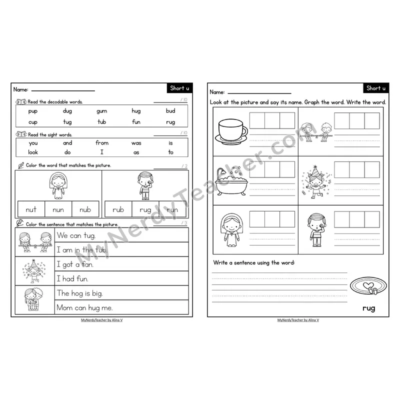 Decodable Look-Alike Words and Sentences Worksheet — Short U CVC Review