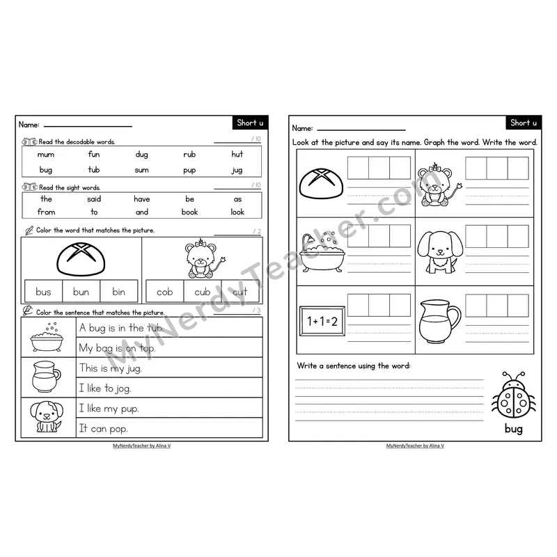 Decodable Look-Alike Words and Sentences Worksheet — Short U CVC Review