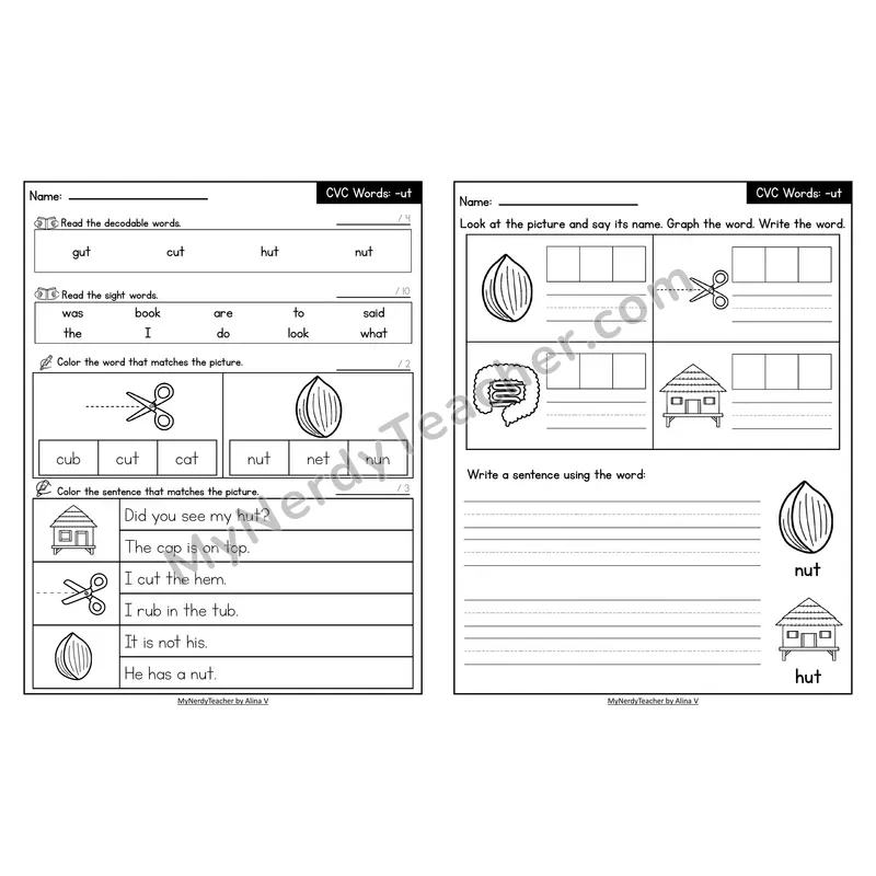Decodable Look-Alike Words and Sentences Worksheet — Short U CVC