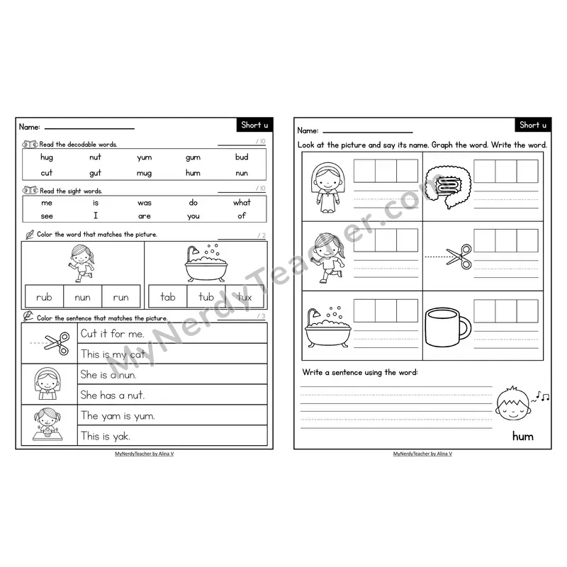 Decodable Look-Alike Words and Sentences Worksheet — Short U CVC Review