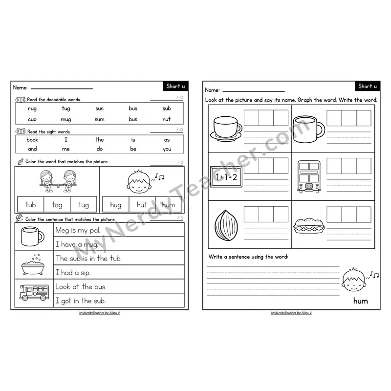 Decodable Look-Alike Words and Sentences Worksheet — Short U CVC Review