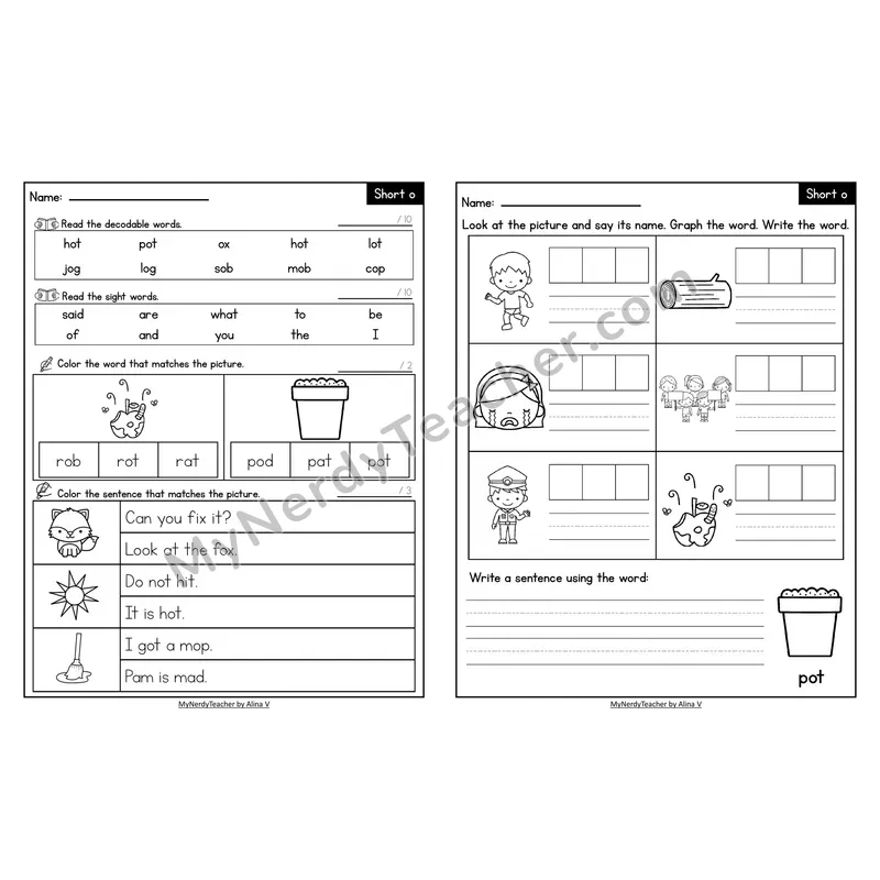 Decodable Look-Alike Words and Sentences Worksheet — Short O CVC Review