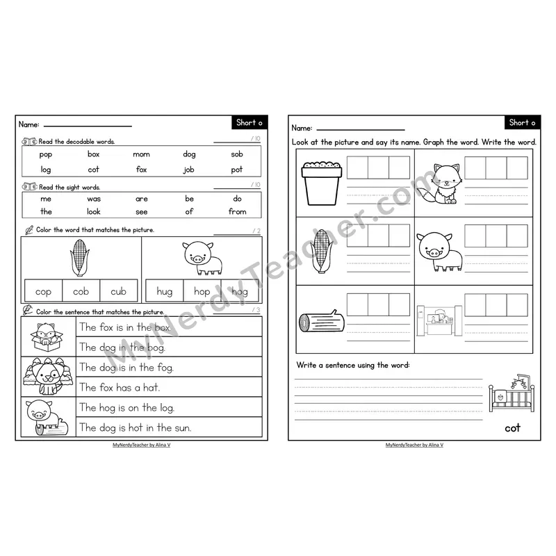 Decodable Look-Alike Words and Sentences Worksheet — Short O CVC Review