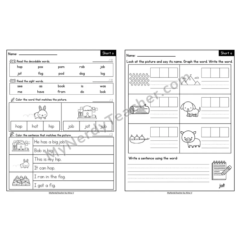 Decodable Look-Alike Words and Sentences Worksheet — Short O CVC Review