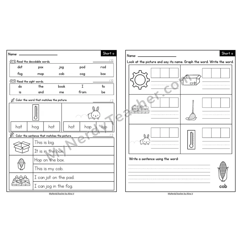 Decodable Look-Alike Words and Sentences Worksheet — Short O CVC Review