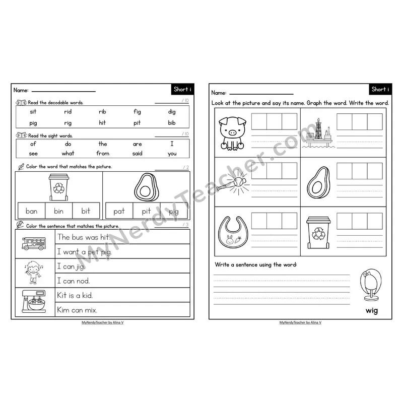 Decodable Look-Alike Words and Sentences Worksheet — Short I CVC Review