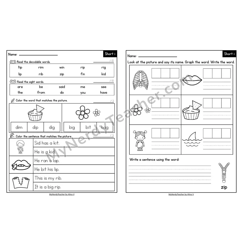 Decodable Look-Alike Words and Sentences Worksheet — Short I CVC Review