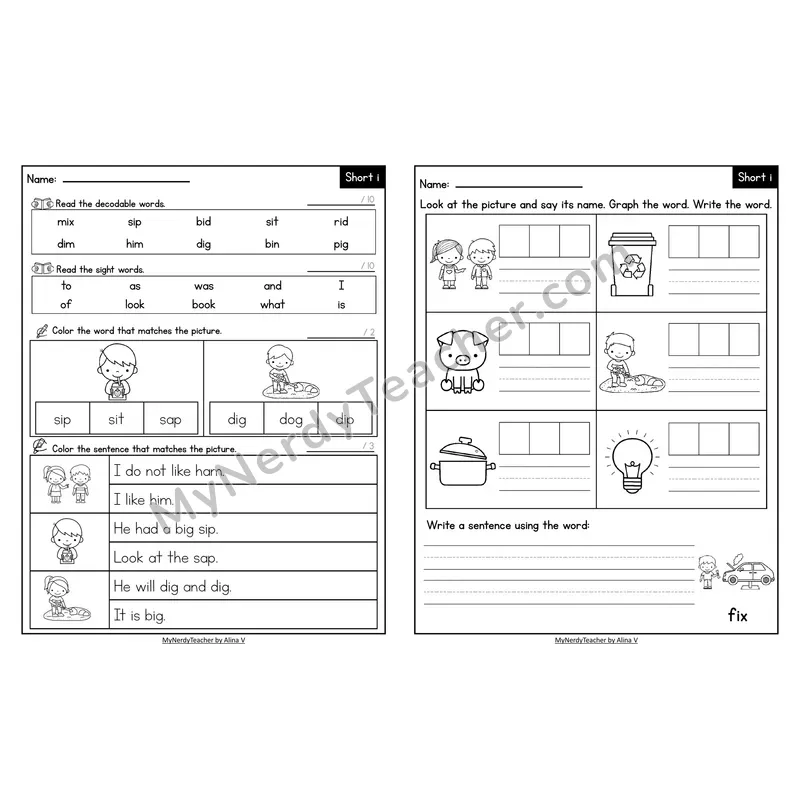 Decodable Look-Alike Words and Sentences Worksheet — Short I CVC Review