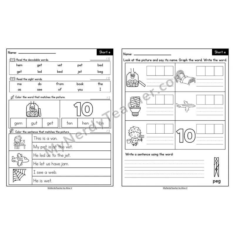Decodable Look-Alike Words and Sentences Worksheet — Short E CVC Review