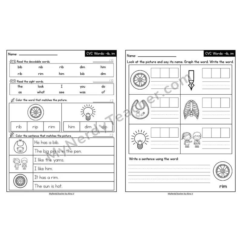 Decodable Look-Alike Words and Sentences Worksheet — Short I CVC