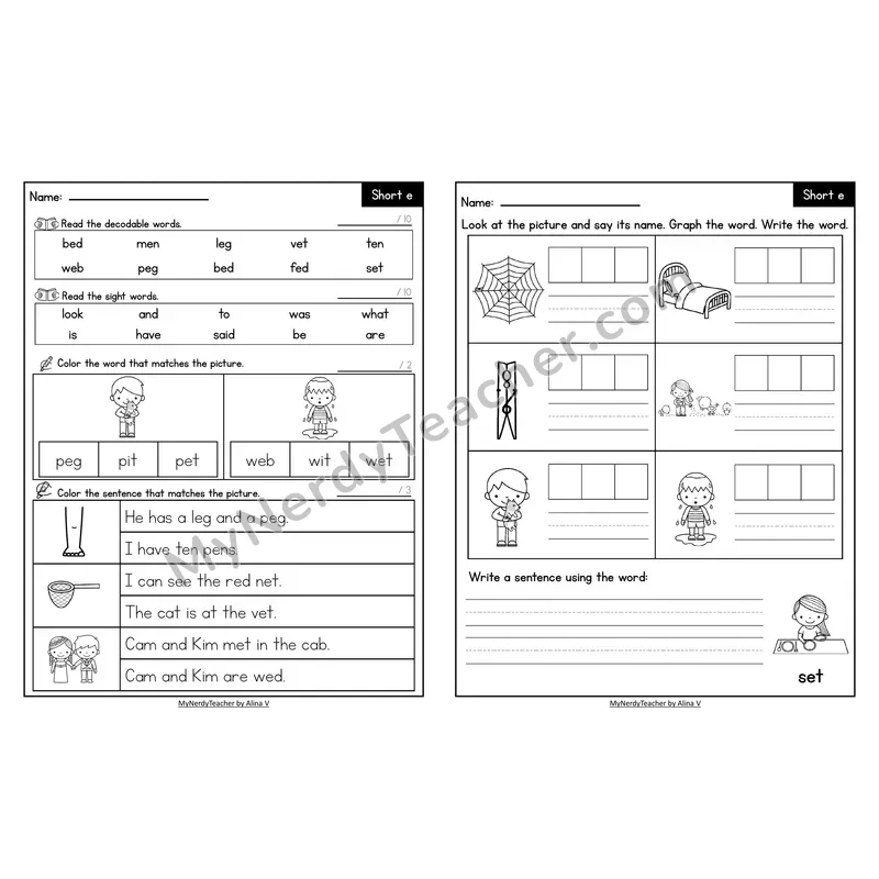 Decodable Look-Alike Words and Sentences Worksheet — Short E CVC Review