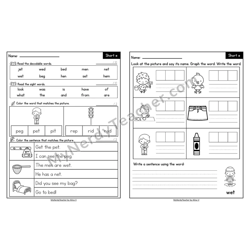 Decodable Look-Alike Words and Sentences Worksheet — Short E CVC Review
