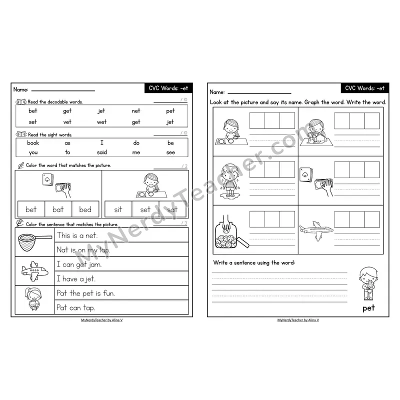 Decodable Look-Alike Words and Sentences Worksheet — Short E CVC