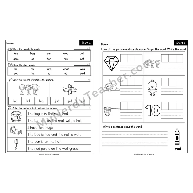 Decodable Look-Alike Words and Sentences Worksheet — Short E CVC Review