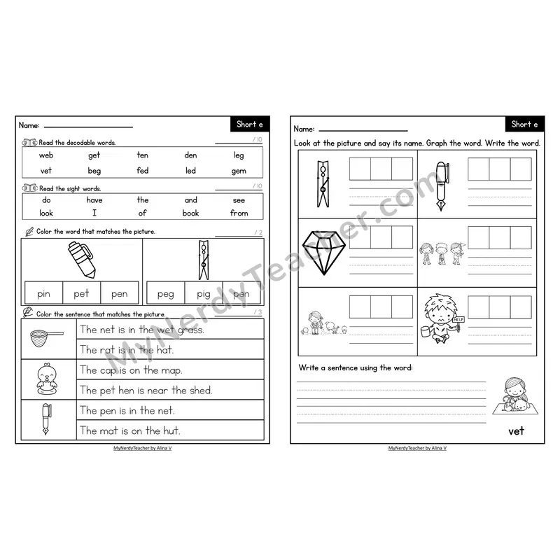 Decodable Look-Alike Words and Sentences Worksheet — Short E CVC Review