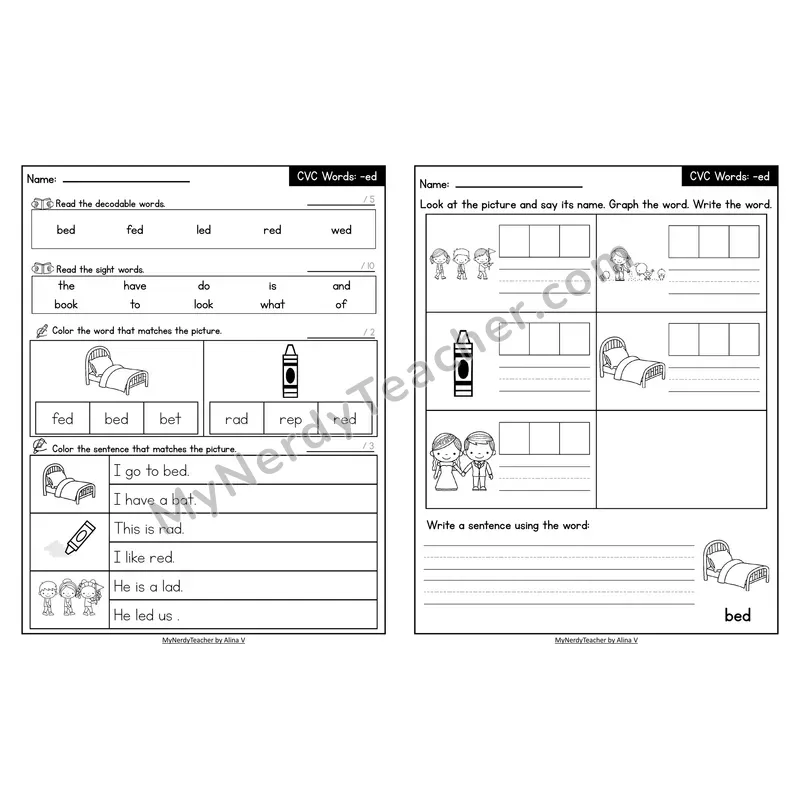 Decodable Look-Alike Words and Sentences Worksheet — Short E CVC