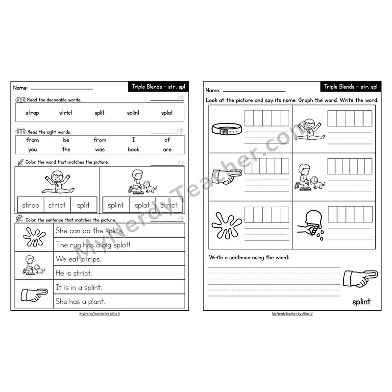 Decodable Look-Alike Words and Sentences Worksheet — str Trigraph