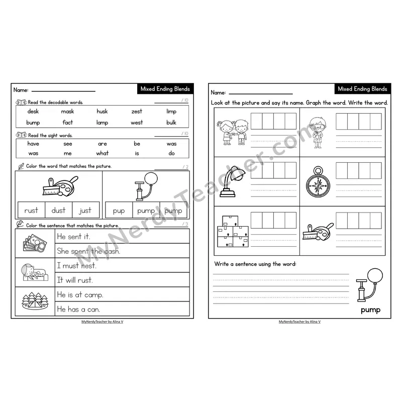 Decodable Look-Alike Words and Sentences Worksheet — Mixed Ending Blends