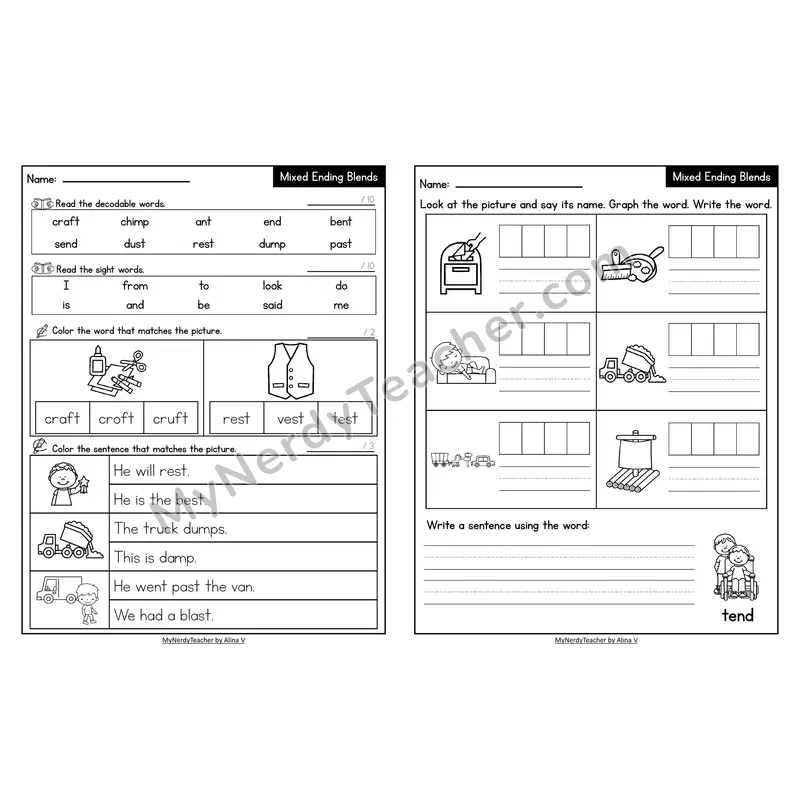 Decodable Look-Alike Words and Sentences Worksheet — Mixed Ending Blends