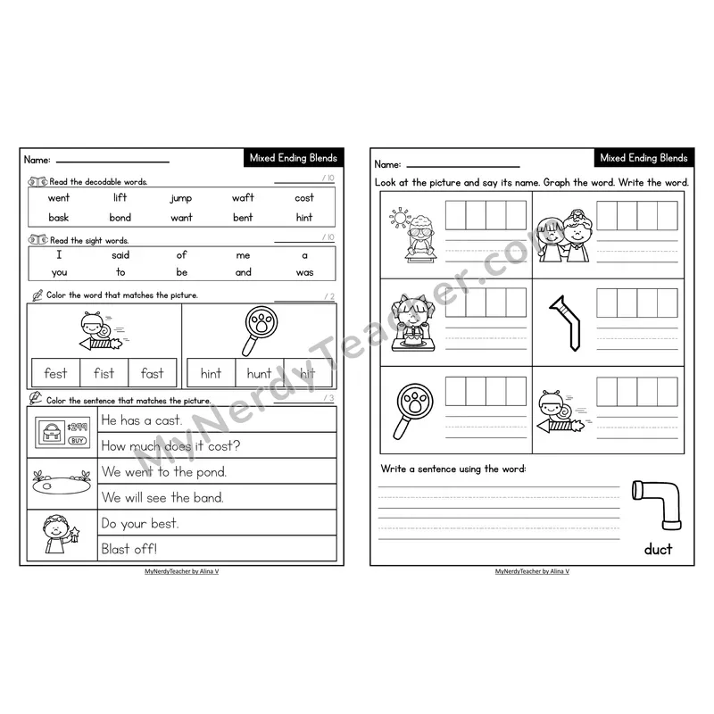 Decodable Look-Alike Words and Sentences Worksheet — Mixed Ending Blends