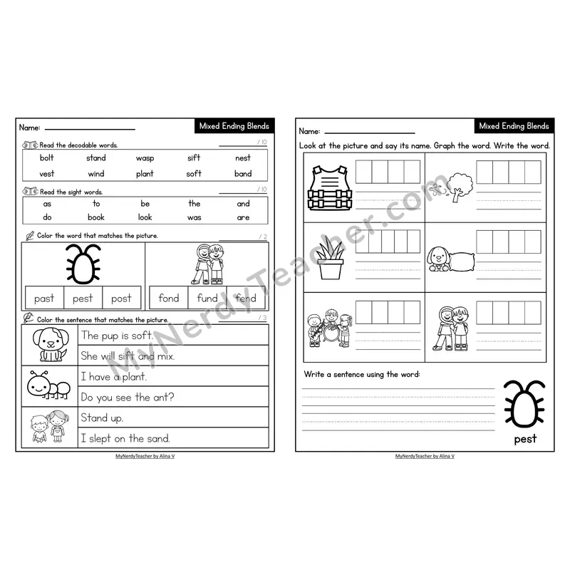 Decodable Look-Alike Words and Sentences Worksheet — Mixed Ending Blends