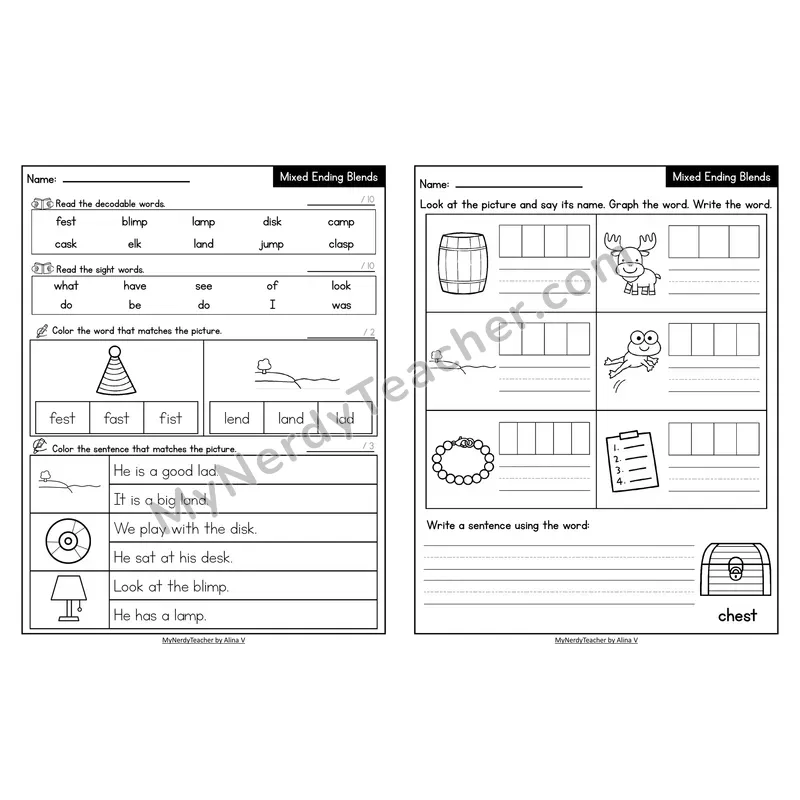 Decodable Look-Alike Words and Sentences Worksheet — Mixed Ending Blends