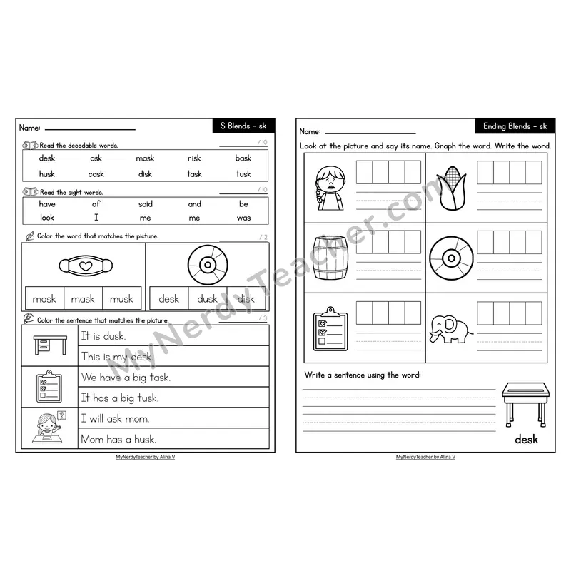Decodable Look-Alike Words and Sentences Worksheet — sk S Blend