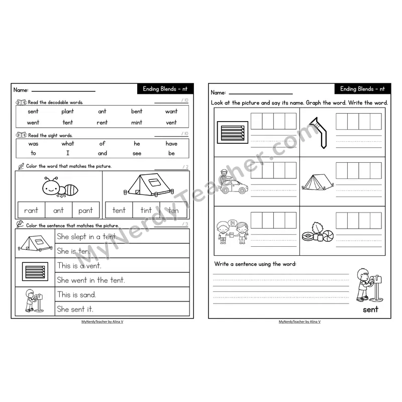 Decodable Look-Alike Words and Sentences Worksheet — -nt Ending Blend