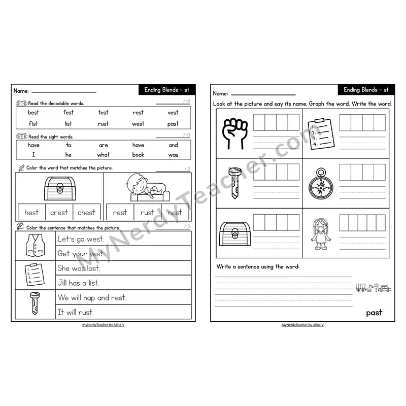 Decodable Look-Alike Words and Sentences Worksheet — -st Ending Blend