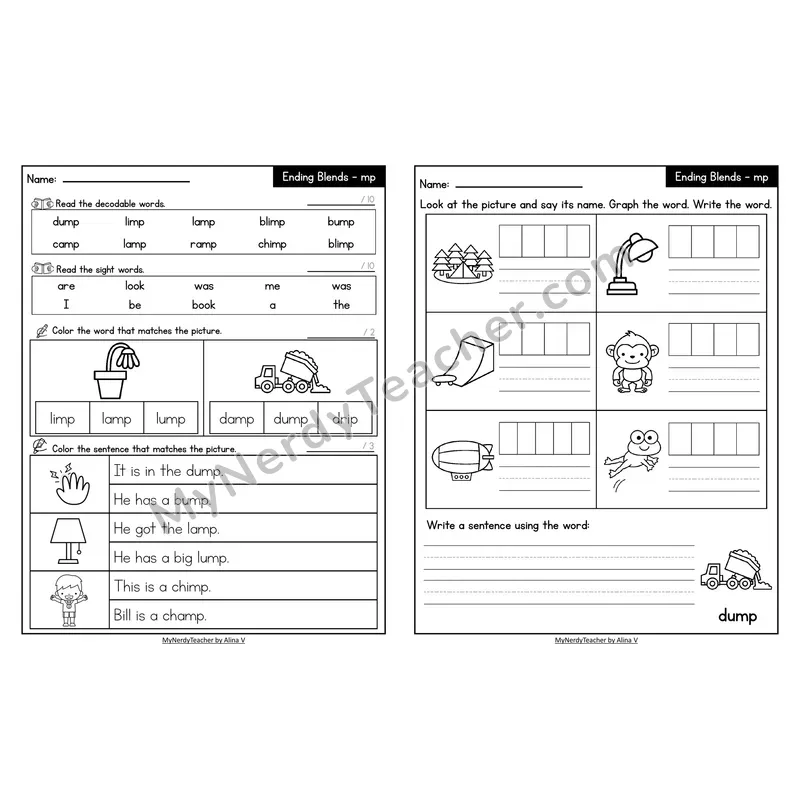 Decodable Look-Alike Words and Sentences Worksheet — -mp Ending Blend