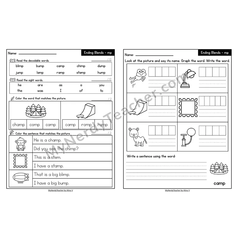 Decodable Look-Alike Words and Sentences Worksheet — -mp Ending Blend